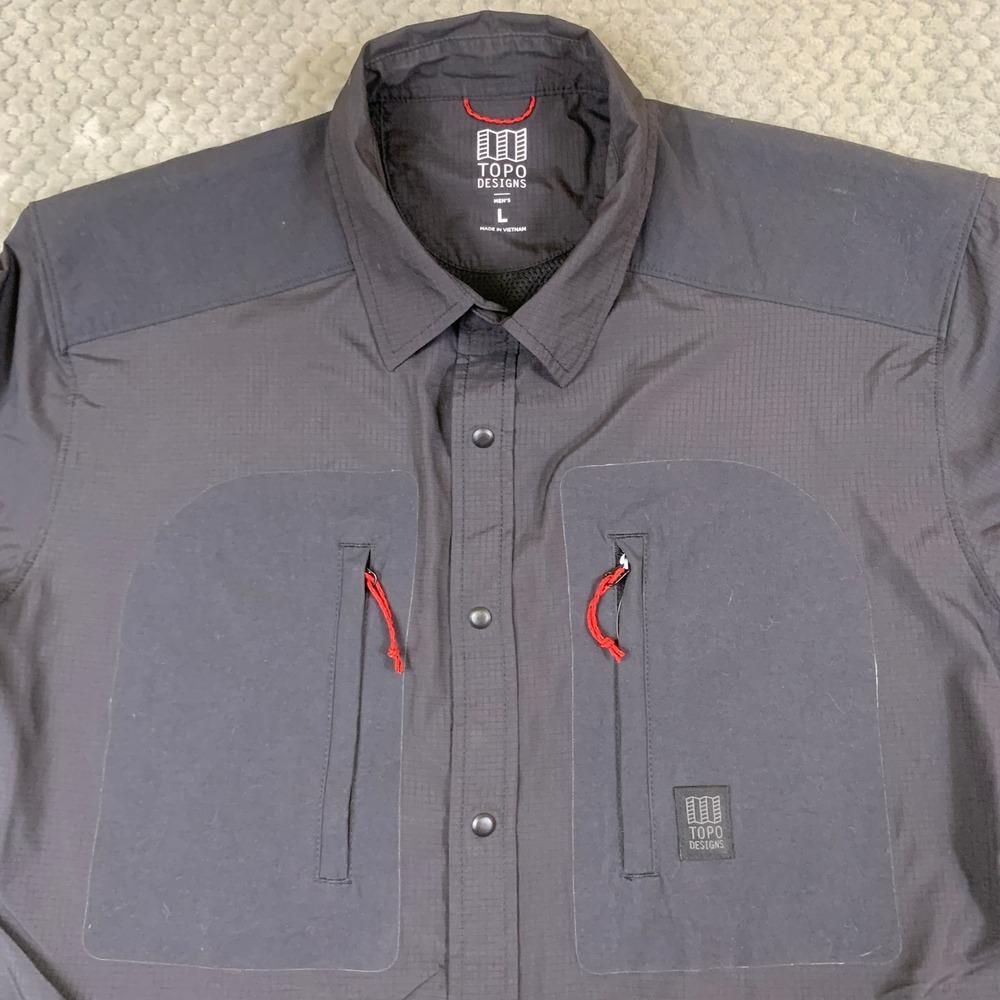 Topo Designs Tech Shirt Mens Large Gray Ripstop Nylon Snap Front Long Sleeve